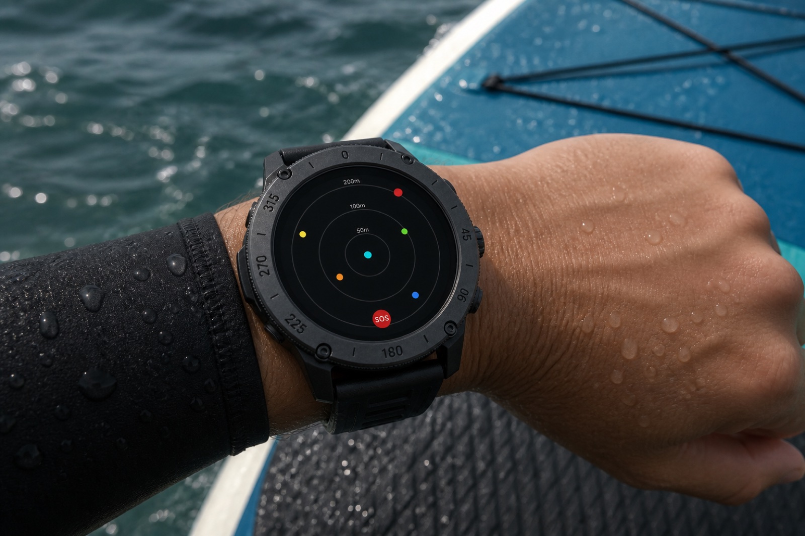 Squadwave short-range on the wrist — simple heading-up radar with distance rings.