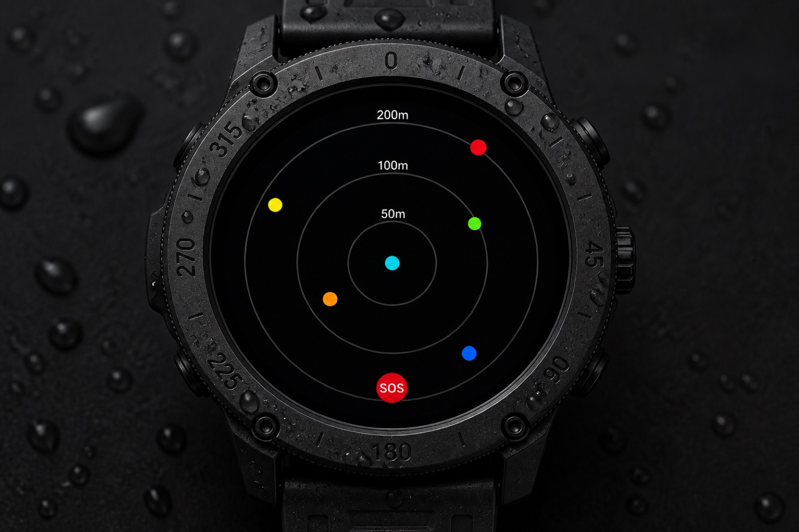 Circular OLED close-up — range rings at 50m / 100m / 200m, circular peer dots.